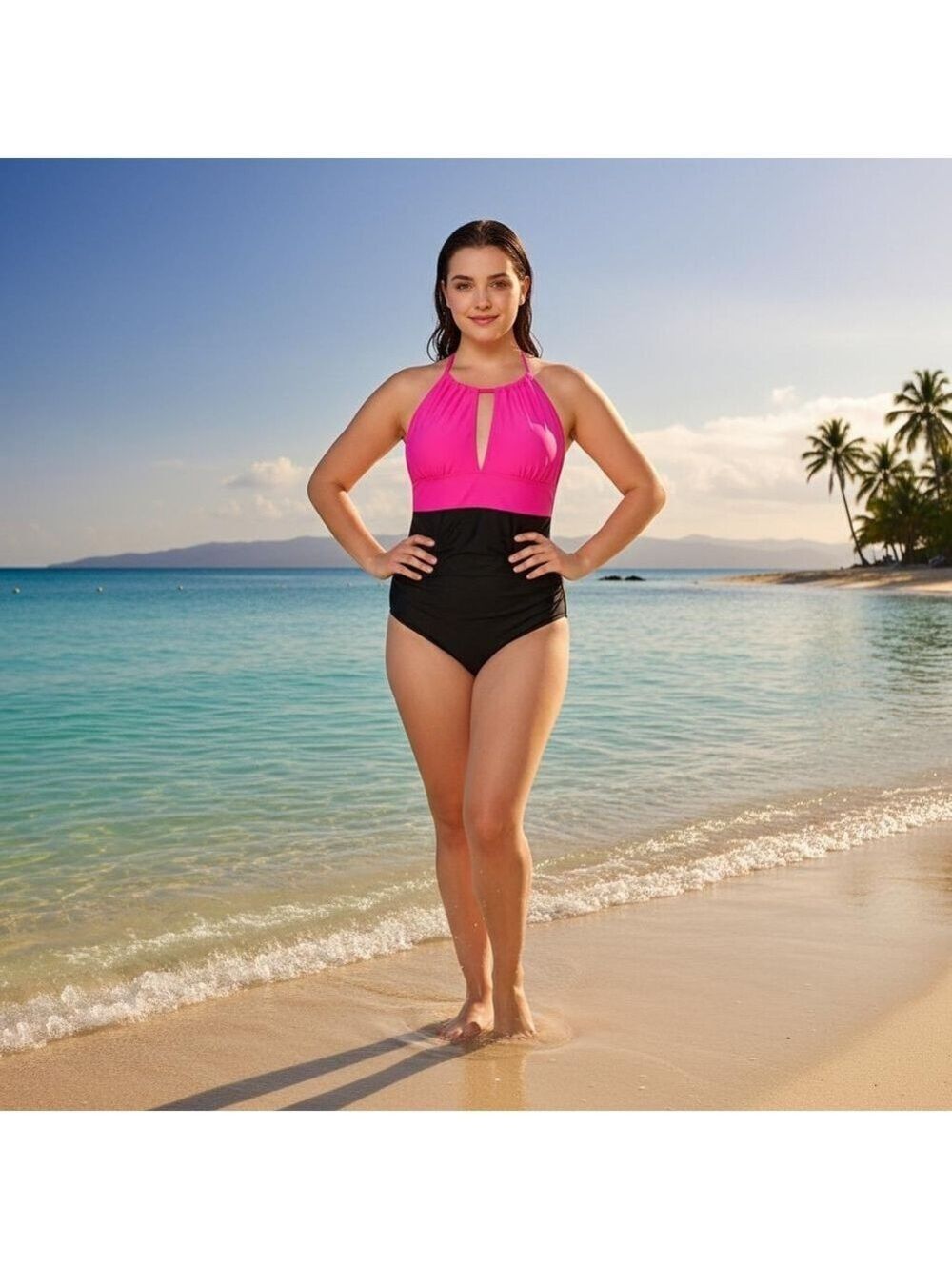 B2Prity Black And Pink One Piece Halter Swimsuit Size Medium